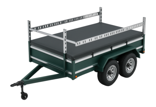 Tandem axle landscape trailer with reinforced side rails and tool racks