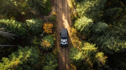 An off-road vehicle traversing a serene forest path amidst a canopy of lush trees, an overhead view, embodying the essence of exploration