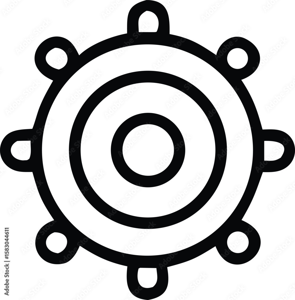 Poster abstract geometric symbol with concentric circles and radiating loops representing a stylized sun or