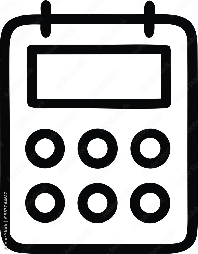 Poster simple black and white line drawing icon of a calendar with a blank space and six circular elements 