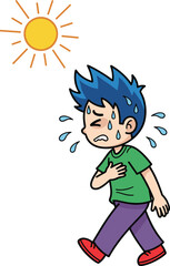 Cartoon, hot weather, boy sweating, summer heat, sun, exhausted, dehydration, tired, walk, heatwave, sunshine, perspiration, overheating, outdoor, vector, illustration, blue hair, red shoes, fatigue