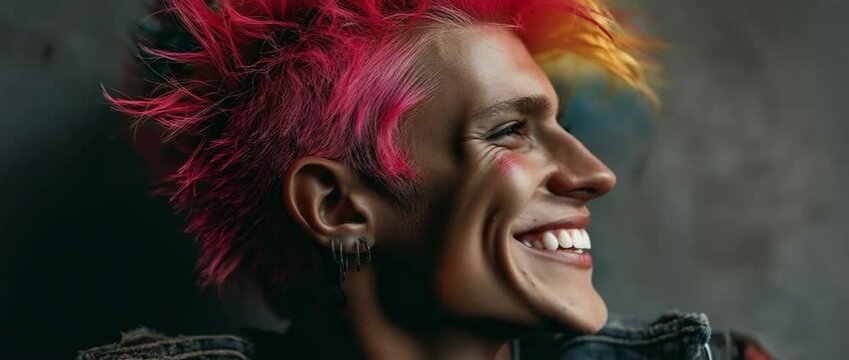 An illustration of a young man with a rainbow-coloured mohawk and bright pink hair