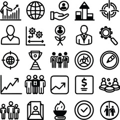Collection of business and finance icons representing growth teamwork global reach and achievement in a clean modern style
