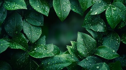 Green leaves creating heart shape with water droplets framing dark background