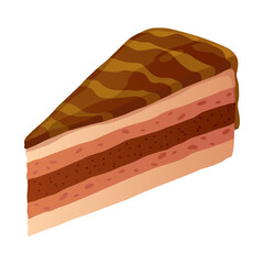 Cake slice. Colorful sweet cake piece, isolated on white. Cafe dessert menu, isometric hand drawn icon. Cute cartoon vector illustration