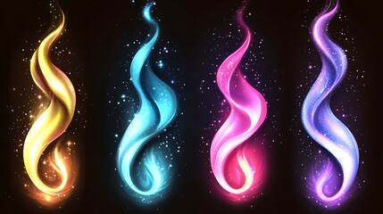 Four vibrant, glowing flames in different colors against a dark background