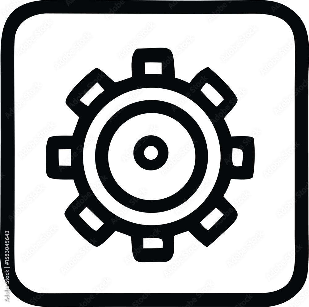 Poster simple black and white outline icon of a gear with concentric circles inside a rounded square border