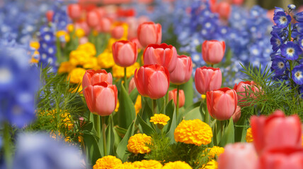 Obraz premium A vibrant spring garden photograph featuring coral-pink tulips in the foreground.