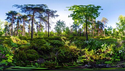 360-degree panoramic view of a lush forest with tall trees, green moss, and vibrant foliage under a clear blue sky, capturing the beauty of nature.