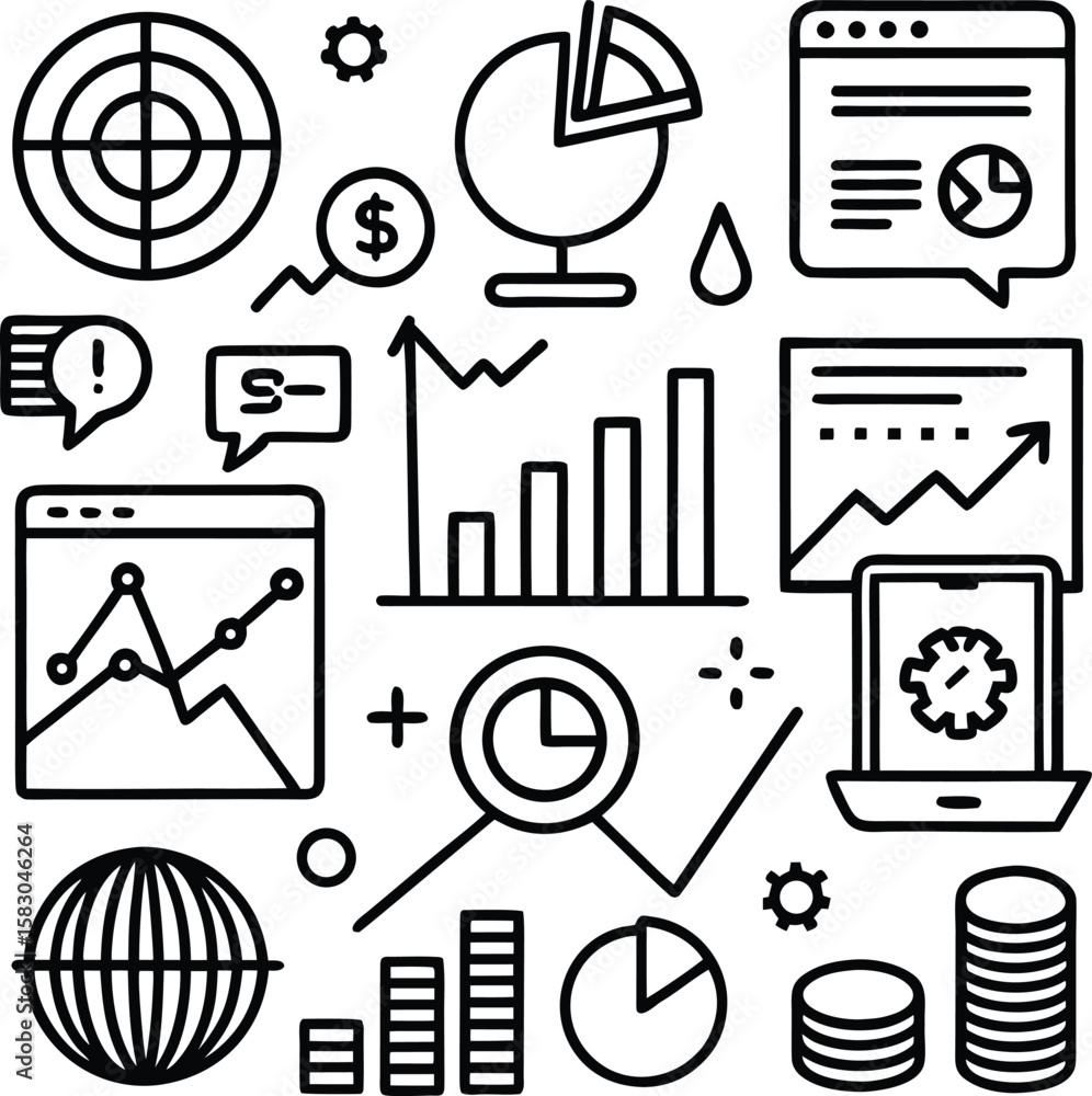 Poster a collection of hand drawn line art icons representing business analytics financial growth and data 