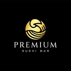 Luxury gold sushi logo with fish icon for premium Japanese dining

