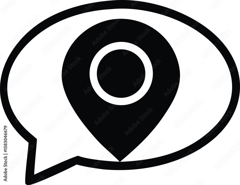Poster location pin inside a speech bubble icon representing geotagged messages or location sharing in comm