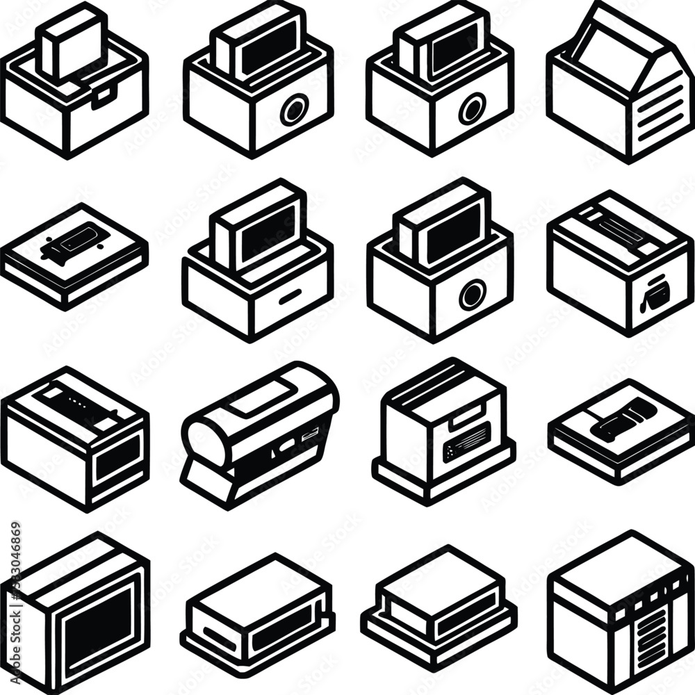 Poster a collection of isometric line art icons representing various types of boxes and containers with dif