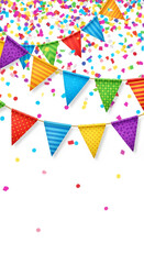 Obraz premium Colorful triangular bunting flags with confetti, depicting celebration and festive joy, perfect for party invitations or celebratory background