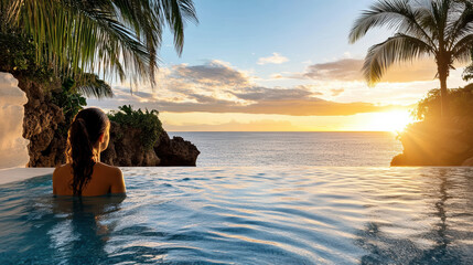 Traveler enjoys serene sunset swim in cliffside pool, surrounded by palm trees and ocean views
