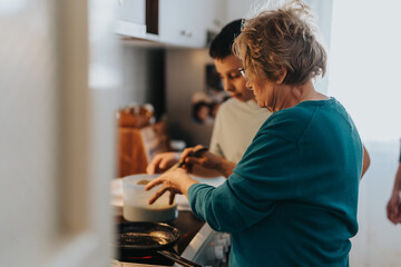 An elderly woman and a young boy share a warm moment cooking together in a kitchen, emphasizing family bonding, learning, and generational activities in a homely environment.