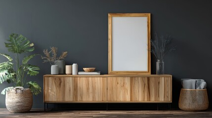 Ultra quality image of mockup frame on wood cabinet in living room interior on empty dark wall background.
