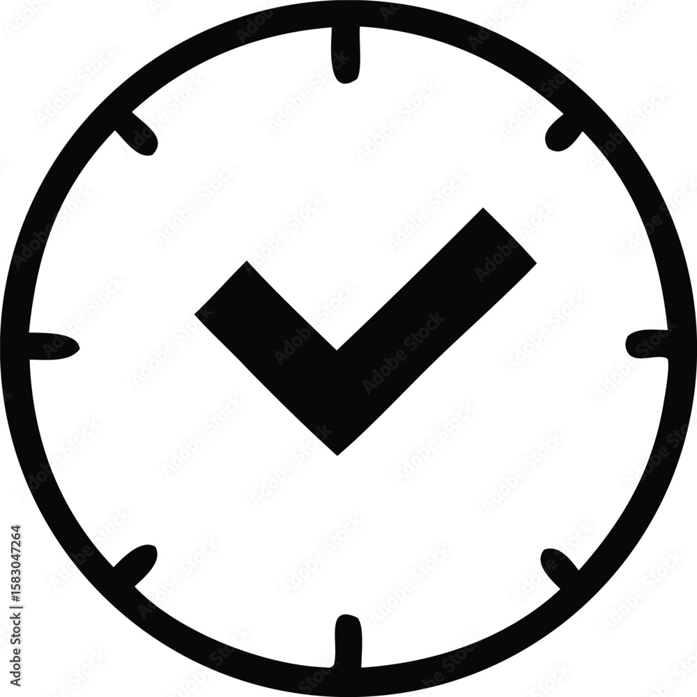 Poster simple black and white icon of a clock face with a checkmark symbol indicating completion or success
