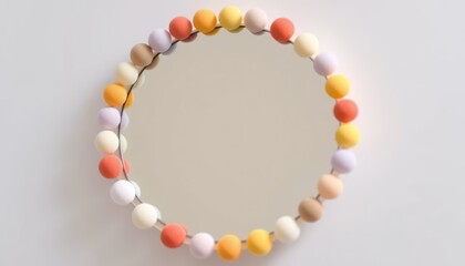 Obraz premium Round mirror decorated with colorful balls on a white background