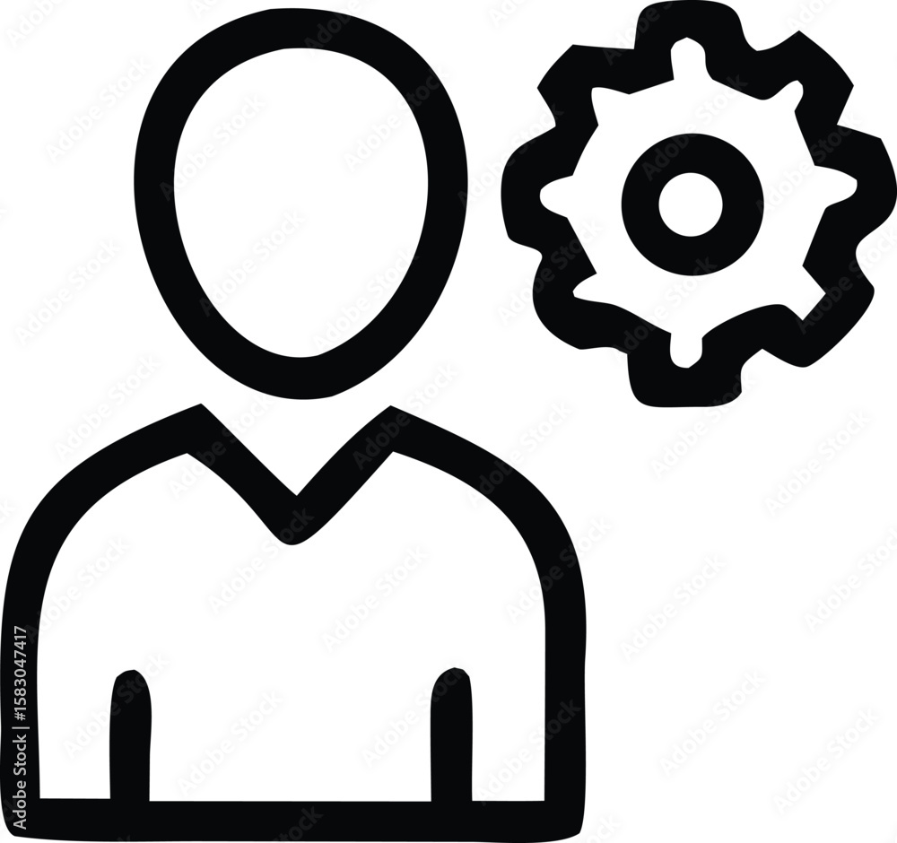 Poster simple outline icon of a person next to a gear symbol representing operations settings or mechanics