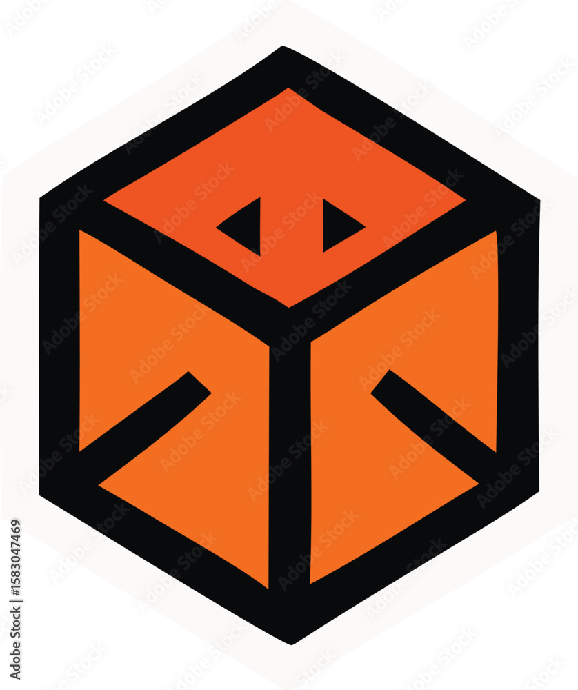 Poster abstract geometric design featuring an orange cube with black outlines and triangular accents on a w