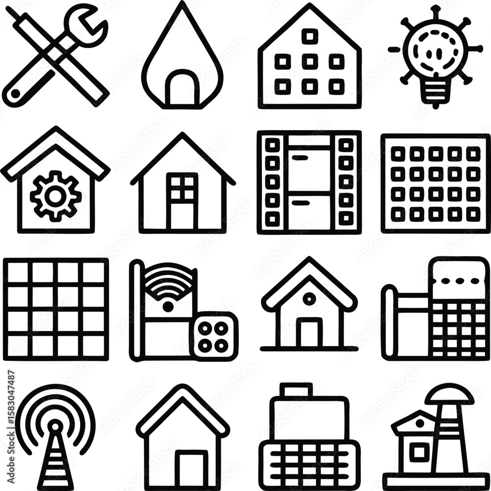 Poster collection of stylized line art icons representing various aspects of smart home technology and buil
