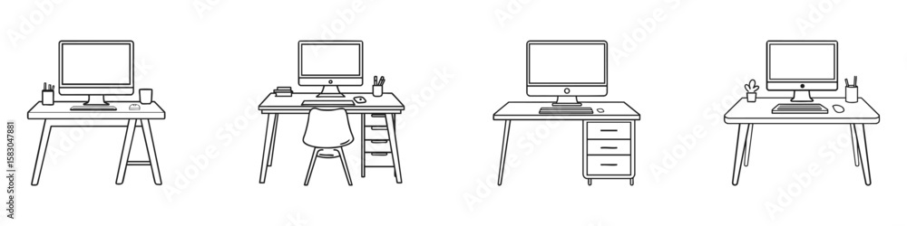 Poster office desk and computer setup set. modern workspace essentials collection. isolated vector illustra