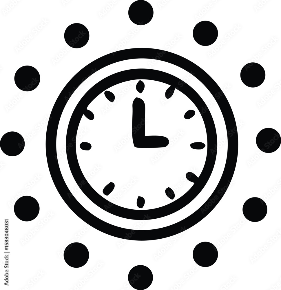 Poster stylized black and white clock face with radiating dots symbolizing time or a countdown