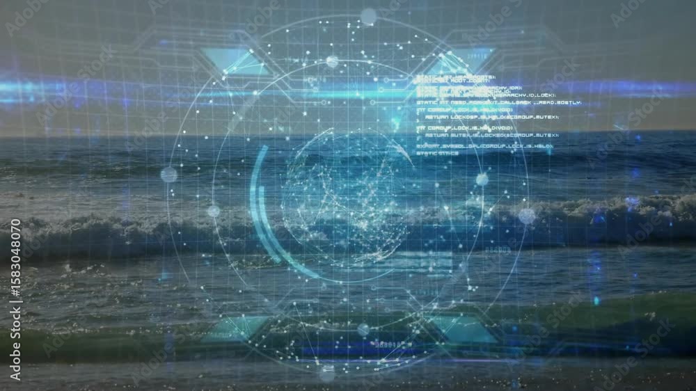 Poster faint circular interface fading over sea waves, 3d rings rotating, nodes pulsing, visualizing data