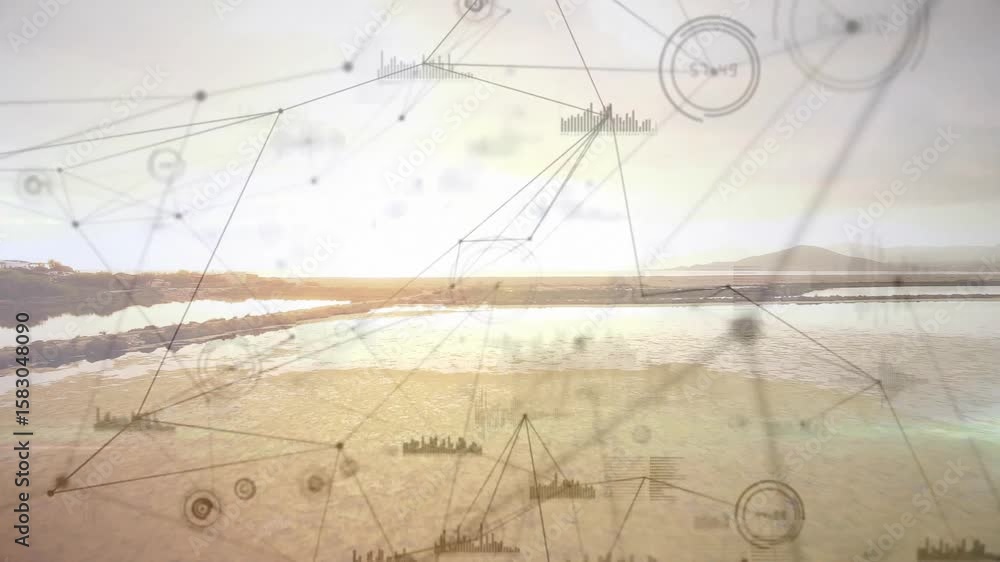 Poster upon start network overlay fading in at sunset over lakeshore connecting nodes showing data flow