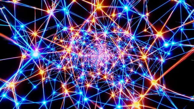 Lights converge inside network cluster. Future structure glows digital lights. Neon points align on digital grid. Future grid builds digital data layer. Digital data light spreads across future mesh.