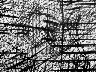 Abstract black and white artwork featuring intricate lines and textures on a textured background, showcasing unique patterns and shadows