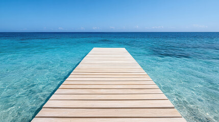 Serene wooden jetty extends into clear blue water, inviting tranquility and relaxation