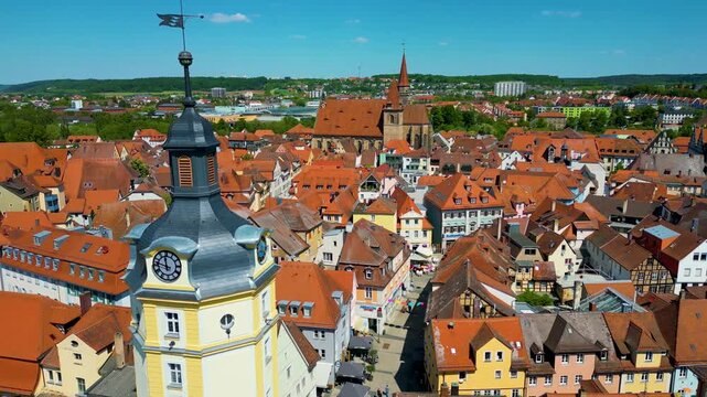 4K Aerial Drone Video of the Historic St. Johannis Church in the Old Town area of Downtown Ansbach, Germany