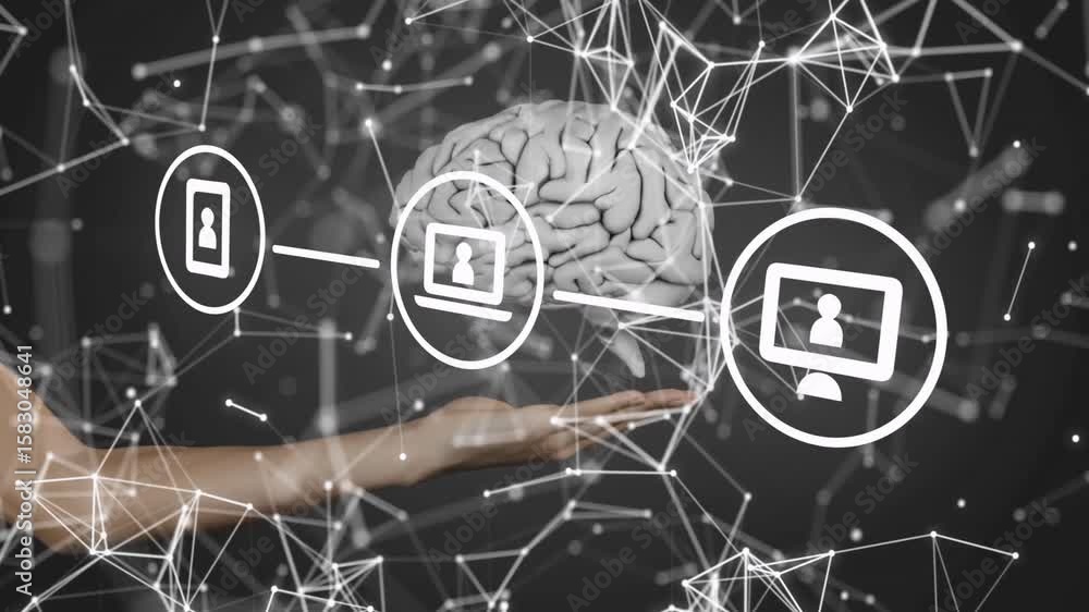 Aufkleber pulsing nodes floating and connecting profile icons, hands lifting rotating brain showing data flow