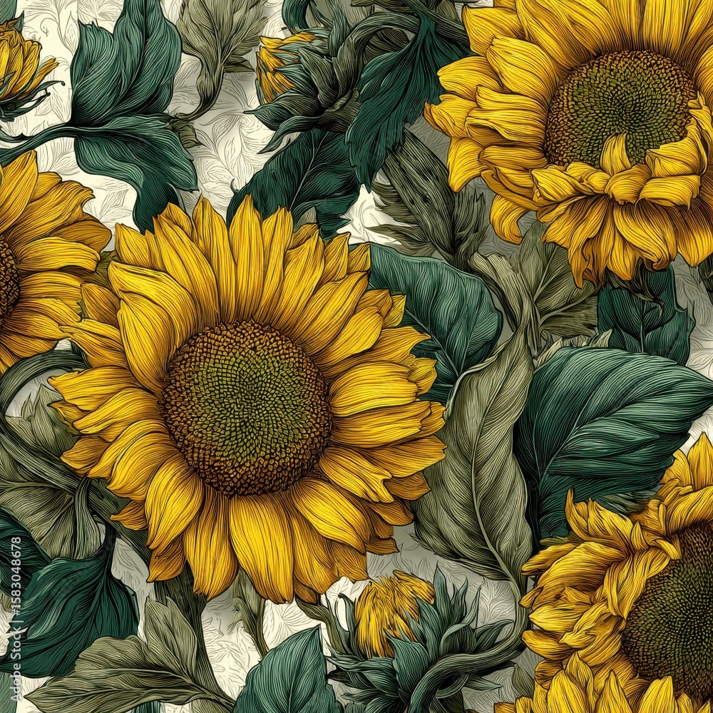 Poster sunflower floral repeat pattern with foliage and light texture background for textile