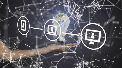 Mesh appearing triggers devices linking hand raising bulb transforming into globe showing network - Powered by Adobe
