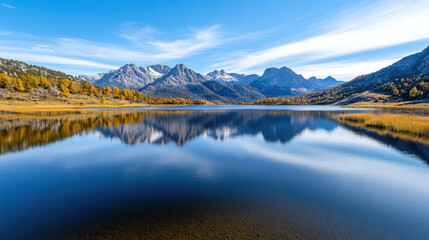 Fototapeta premium Calm lake with mountain reflection clear blue sky golden hour, creating serene atmosphere
