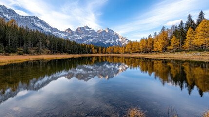 Calm lake reflecting majestic mountains and vibrant autumn trees under clear blue sky