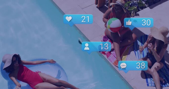 Three friends passing beach ball at home pool generating social media icons showing rising counts
