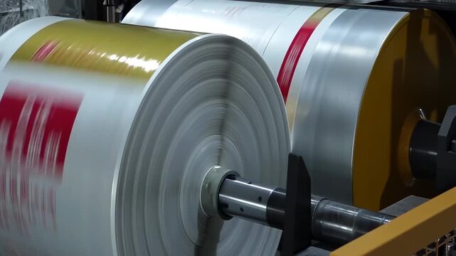 Industrial massive plastic bag production machine processing rolls of polymer sheets, sealed plastic bag ready for distribution after production from rice mill