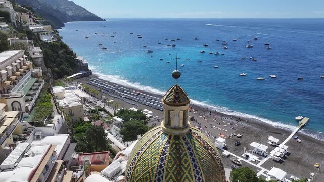 Amalfi Coast At Positano In Salerno Italy. Beach Landscape. Tourism Landmark. Amalfi Coast At Positano In Salerno Italy. Gulf Of Salerno Skyline. Coastal Cityscape. Mediterranean Sea.