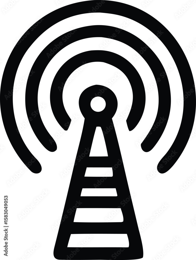 Poster iconic representation of a radio tower broadcasting signals outward with concentric waves emanating 