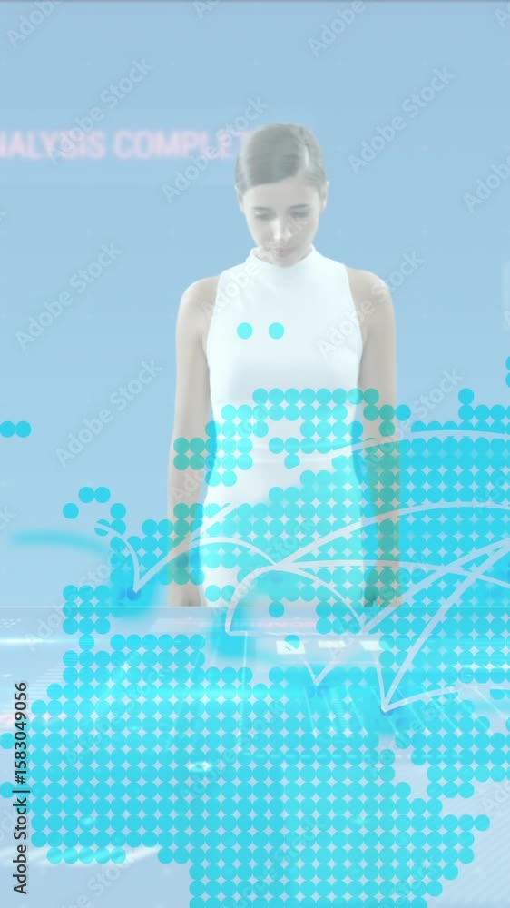 Poster animation of data processing and statistics over woman and world map