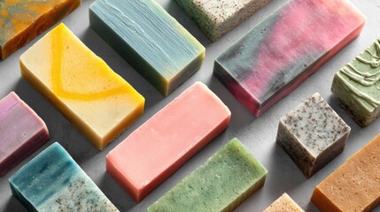 Fototapeta premium Ultra quality image of overhead View of Colorful Rectangular Soap Bars on Light Gray Background - Aesthetic Product Photography for Soap Display and Home Decor.