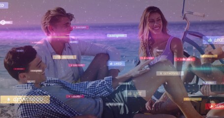 Reclining man touching woman's knee causing floating social media icons amid beach guitar marketing - Powered by Adobe