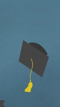Animation of graduation hats falling on blue background