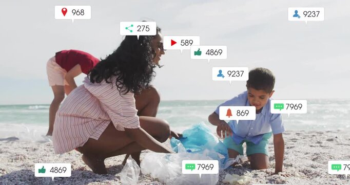 Family starting eco cleanup upon shore arrival, collecting trash with social media icons appearing - Powered by Adobe