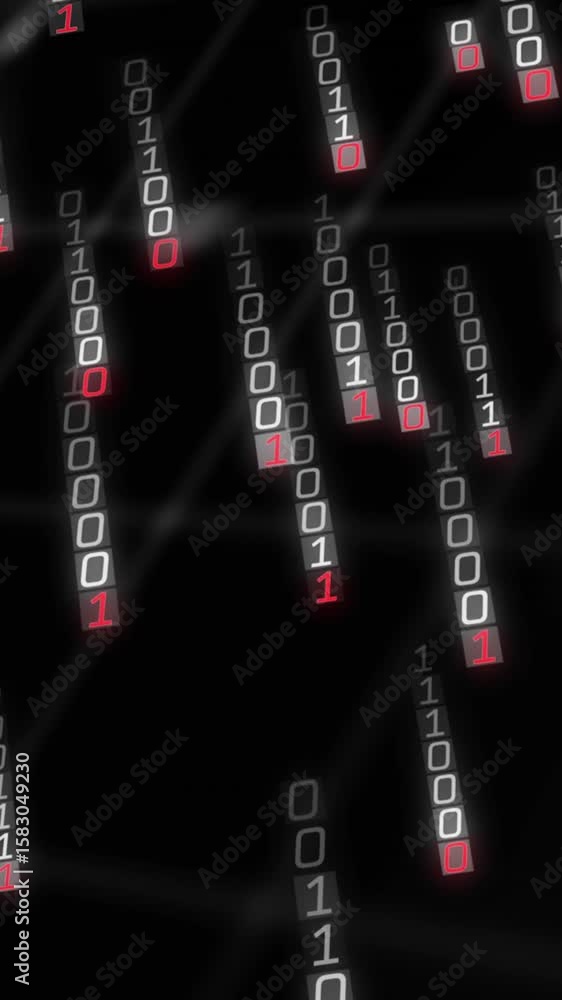 Poster animation of falling binary codes and programming language over dots forming map