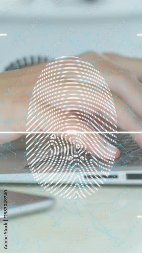 Poster animation of fingerprint and network of connections over hands using laptop